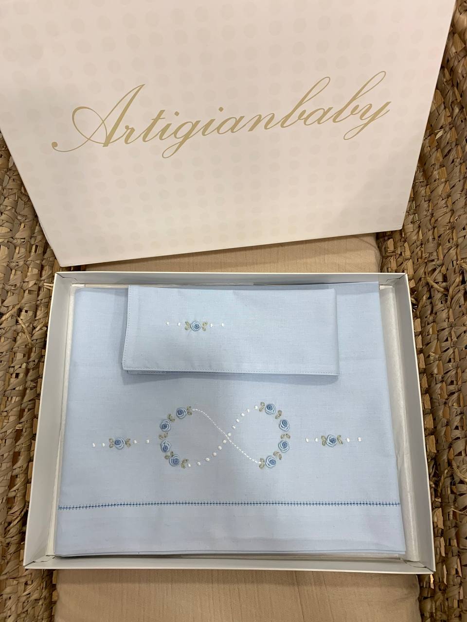 LENZUOLINO INFINITO DI FIORI ARTIGIANBABY AZZURRO