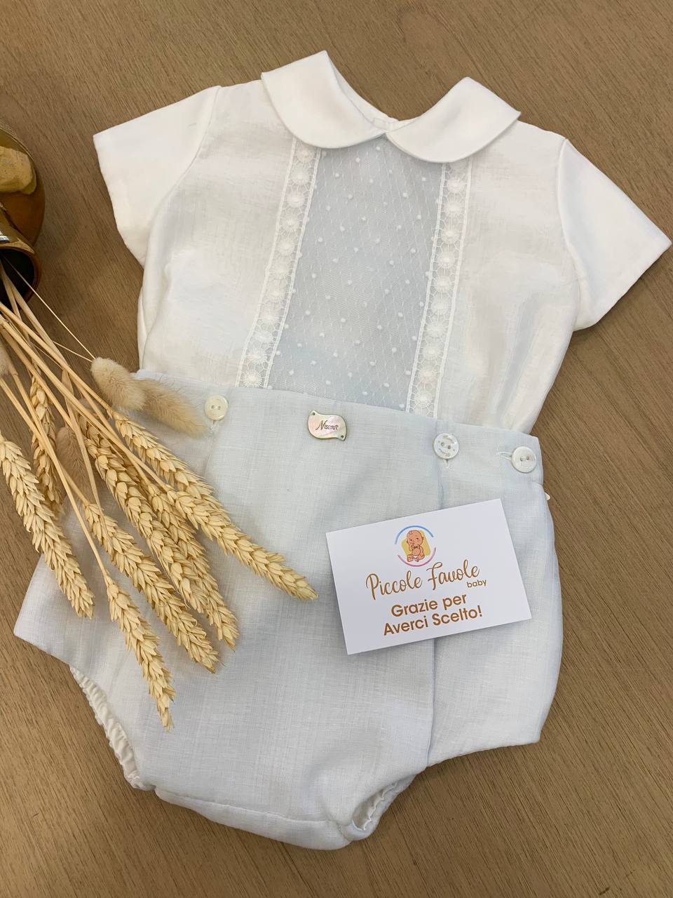 ABITO BATTESIMALE AZZURRO POLVERE CON POIS NISERET