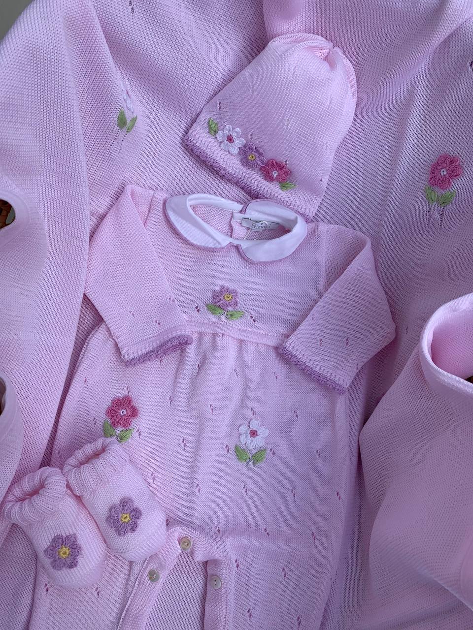 COORDINATO NASCITA ROSA CON FIORI PRIMODI' BEBE'