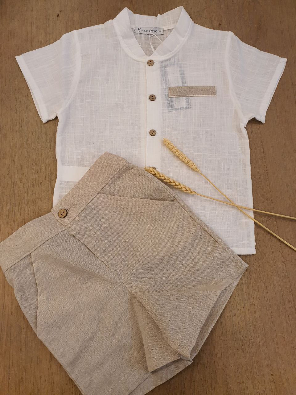 COMPLETO CAMICIA BIANCA E SHORTS BEIGE CALAMARO