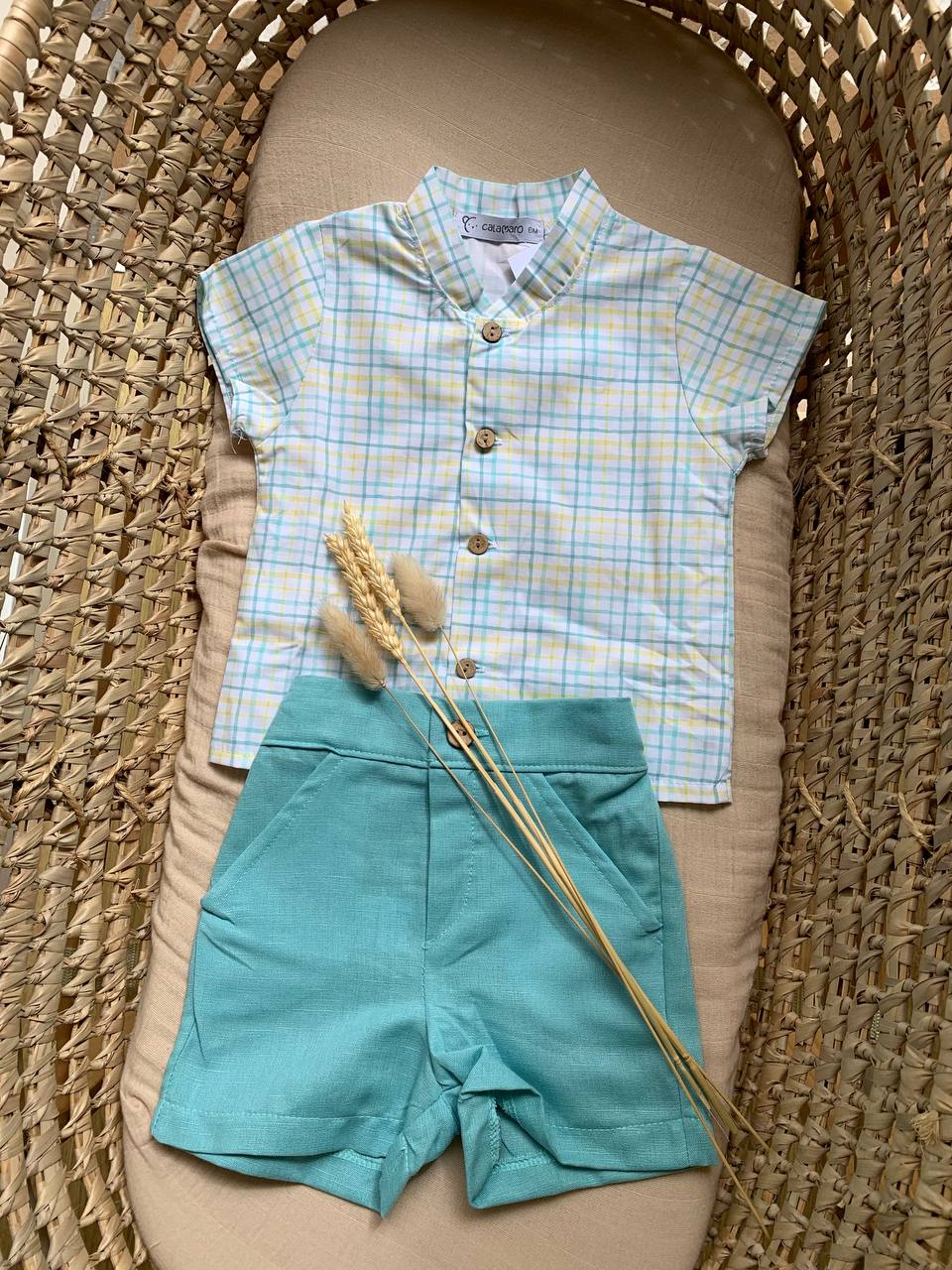 COMPLETO CAMICIA BICOLORE A SCACCHI E SHORTS VERDE CALAMARO