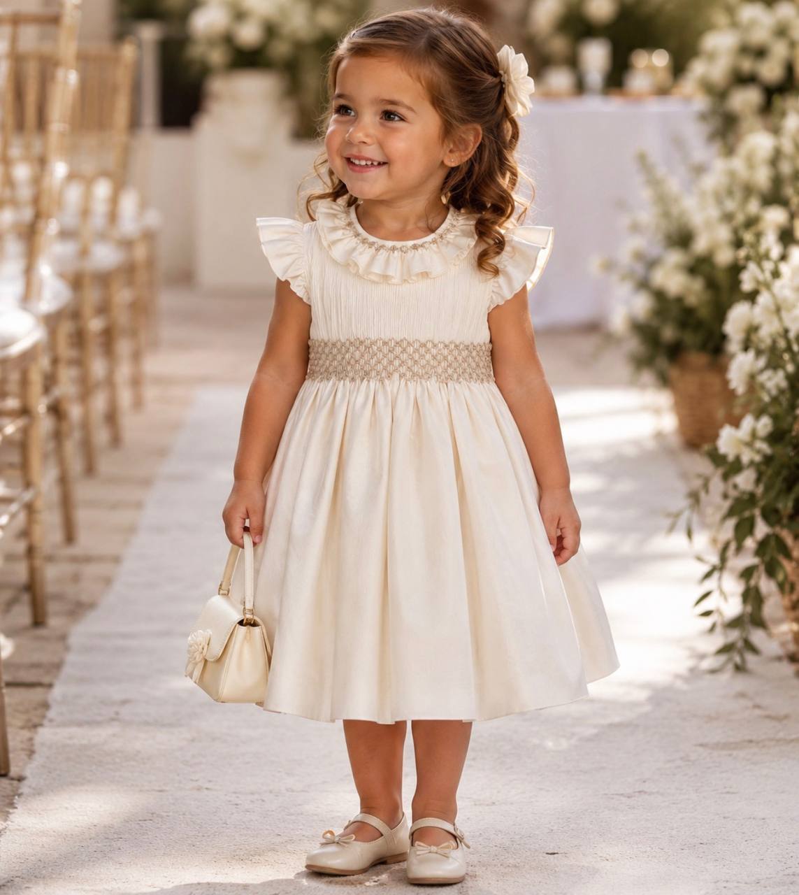 VESTITO PUNTO SMOCK ECRU NAXOS