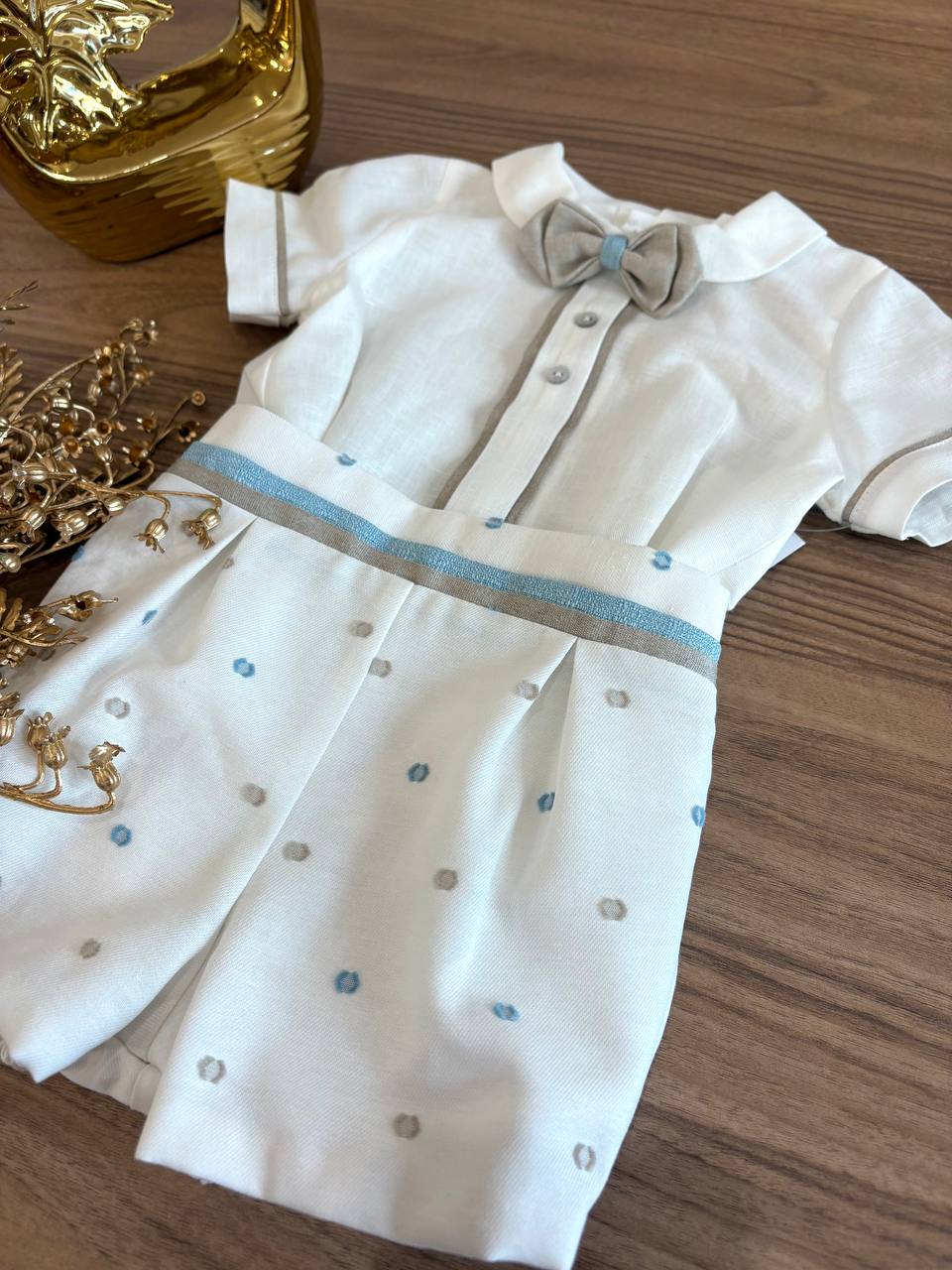 Abito BATTESIMALE POIS CELESTE E BEIGE PONTO POR PONTO