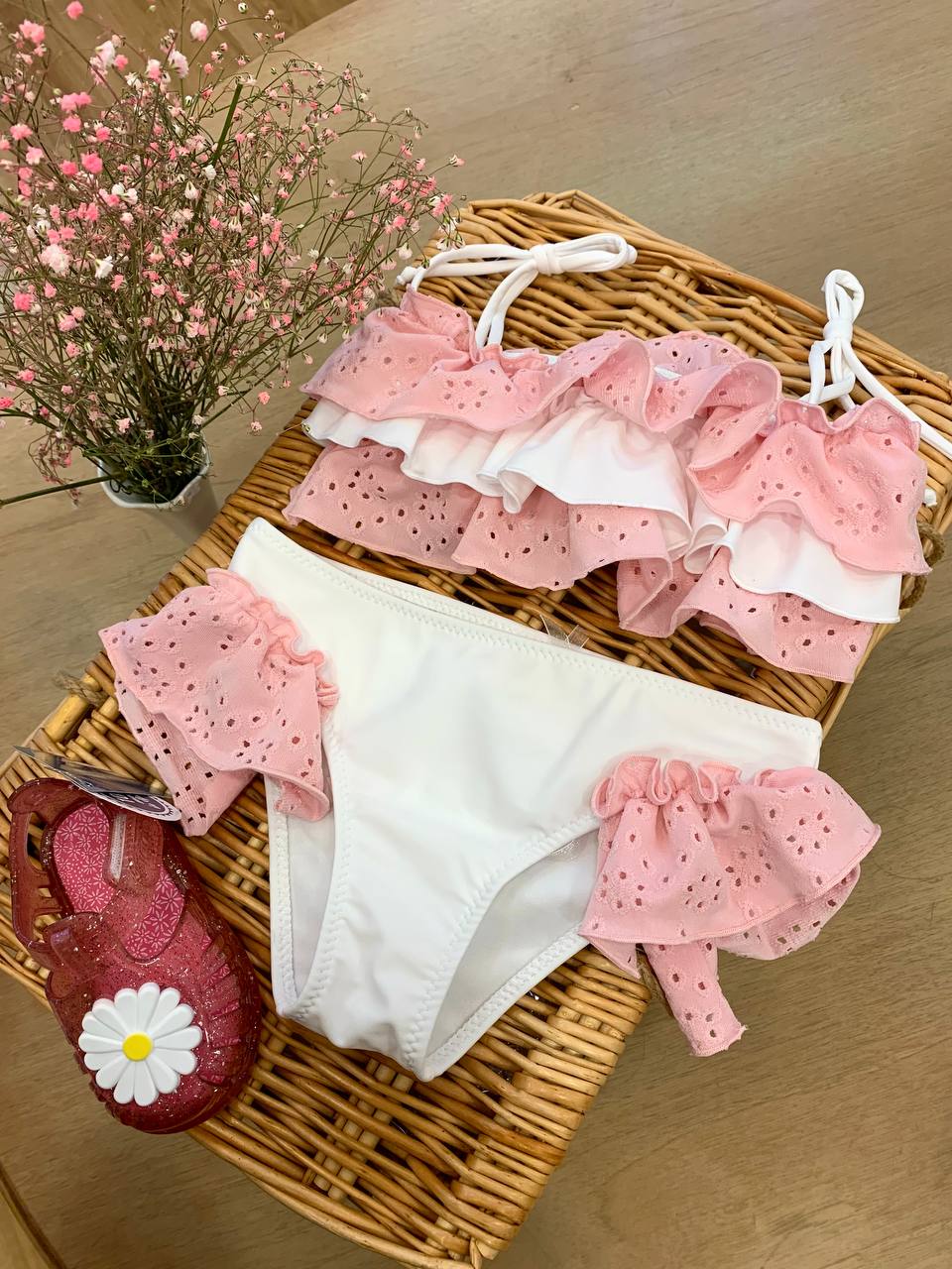 COSTUME DUE PEZZI ROUGE PIZZO SAN GALLO ROSA