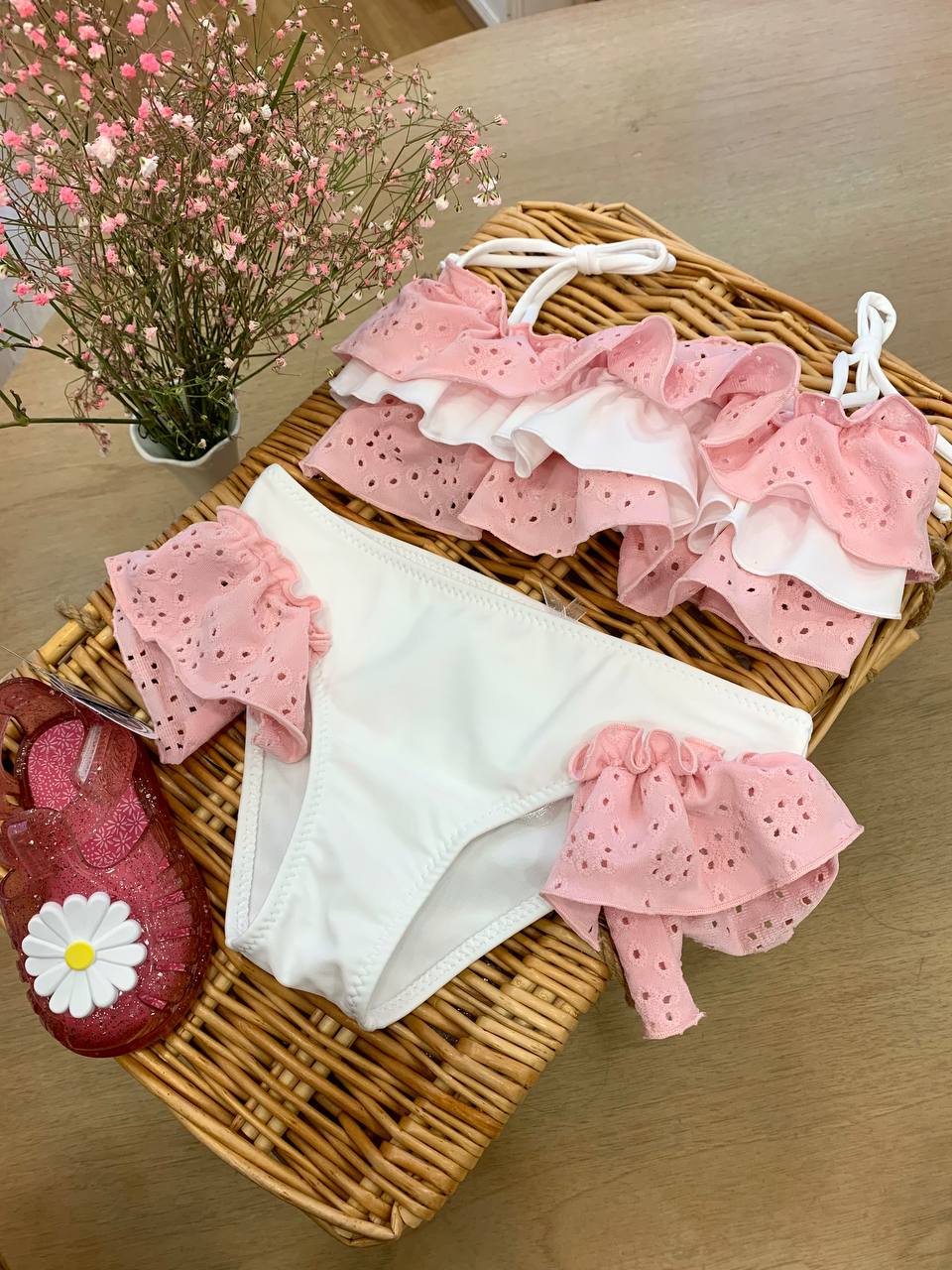 COSTUME DUE PEZZI ROUGE PIZZO SAN GALLO ROSA