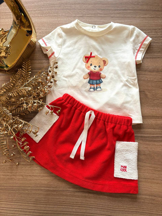 GONNELLINA ROSSA E T-SHIRT ORSETTO MINIBANDA