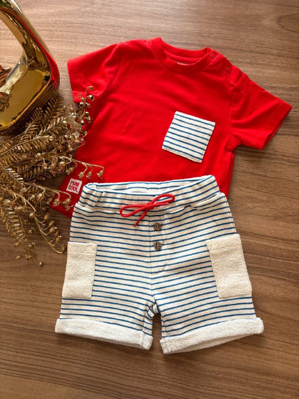 T-SHIRT ROSSA E SHORTS A RIGHE BLU MINIBANDA