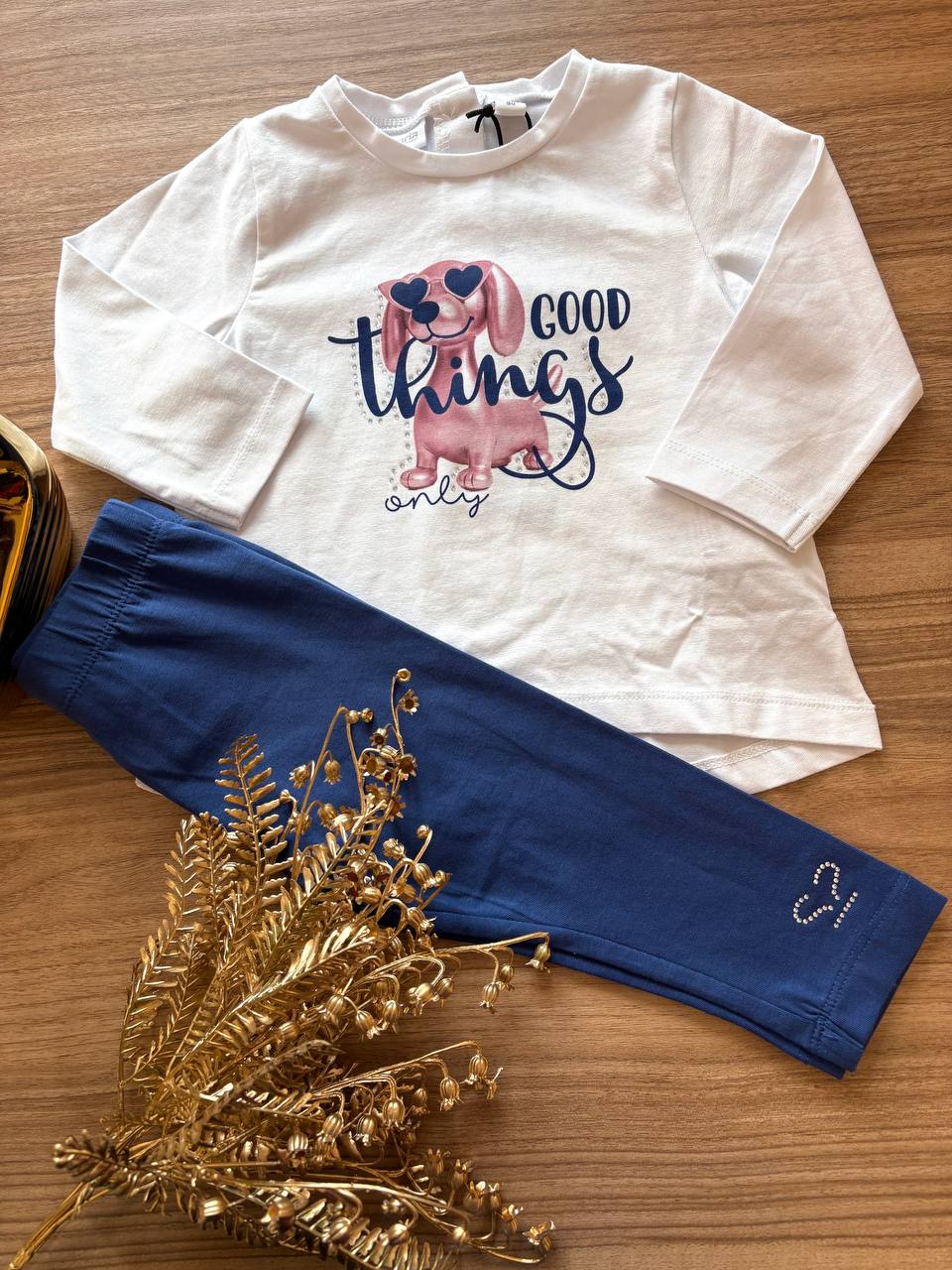 T-SHIRT CAGNOLINO ROSA CON LEGGINS BLU SARABANDA