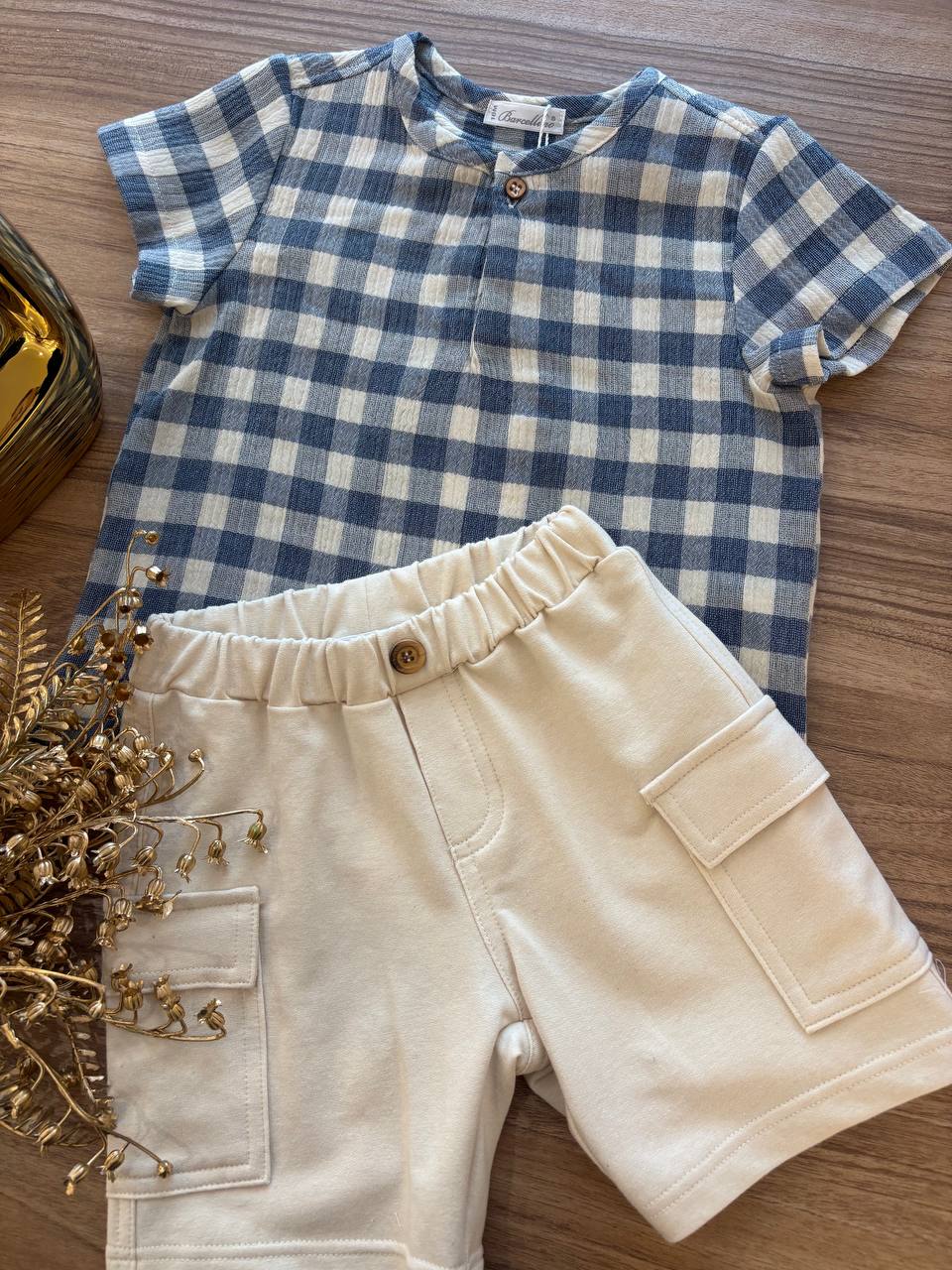 COMPLETO QUADRETTI BEIGE E AZZURRO BARCELLINO