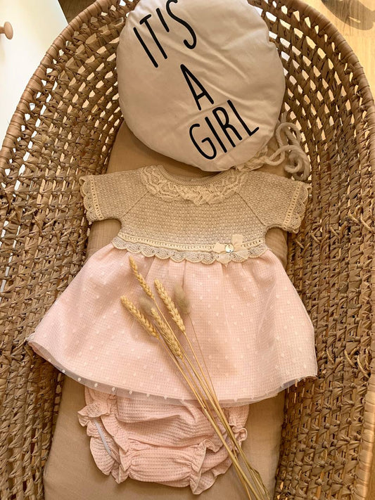 VESTITINO BEIGE-ROSA IN FILO PAZ RODRIGUEZ