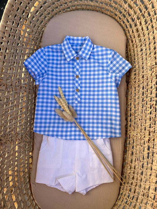 COMPLETO CAMICIA QUADRETTI CELESTE E SHORTS BIANCO DEL SUR
