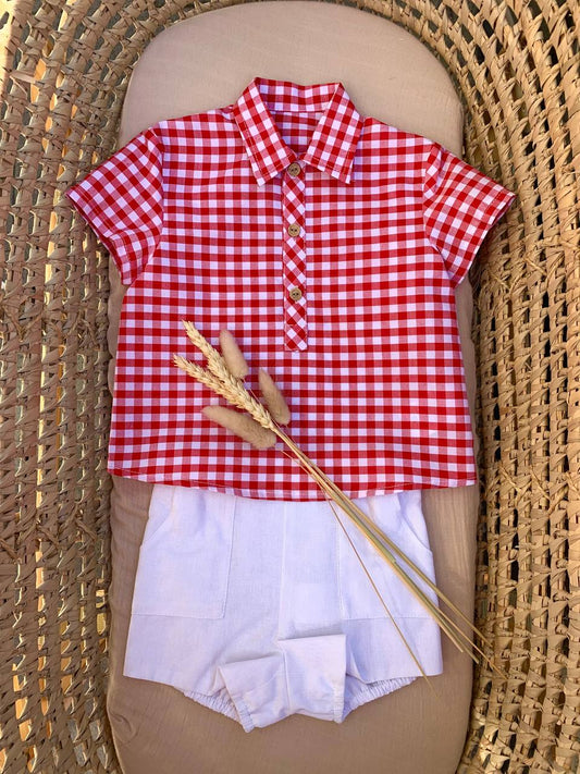 COMPLETO CAMICIA A QUADRI ROSSO CON SHORTS BIANCO DEL SUR