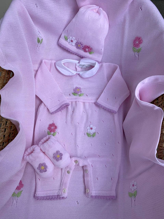 COORDINATO NASCITA ROSA CON FIORI PRIMODI' BEBE'