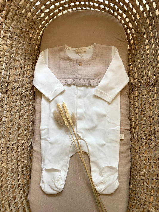 TUTINA IN COTONE BIANCA E BEIGE CON ROUGE BABY GI