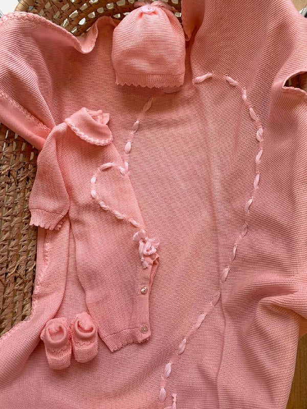 COORDINATO CUORE ROSA IN FILO PAPPA E LATTE