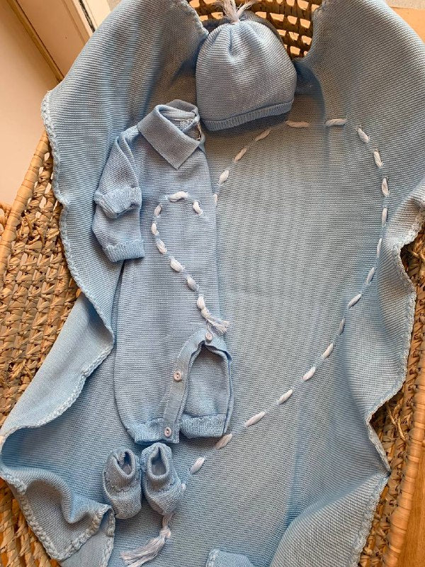 COORDINATO CUORE CELESTE IN FILO PAPPA E LATTE