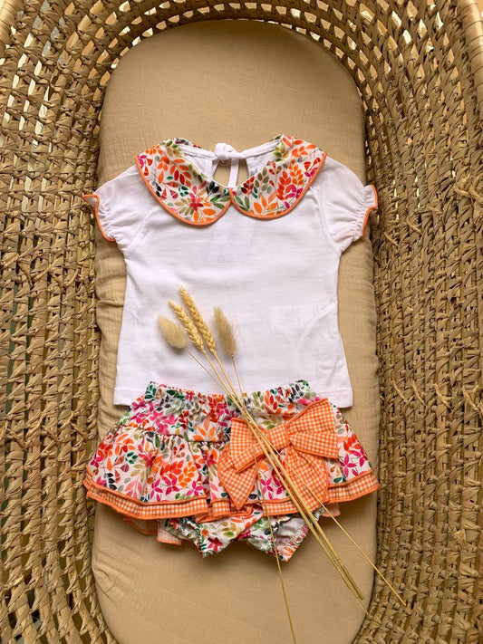 COMPLETO ARANCIONE FLOREALE T-SHIRT E CULOTTE CALAMARO