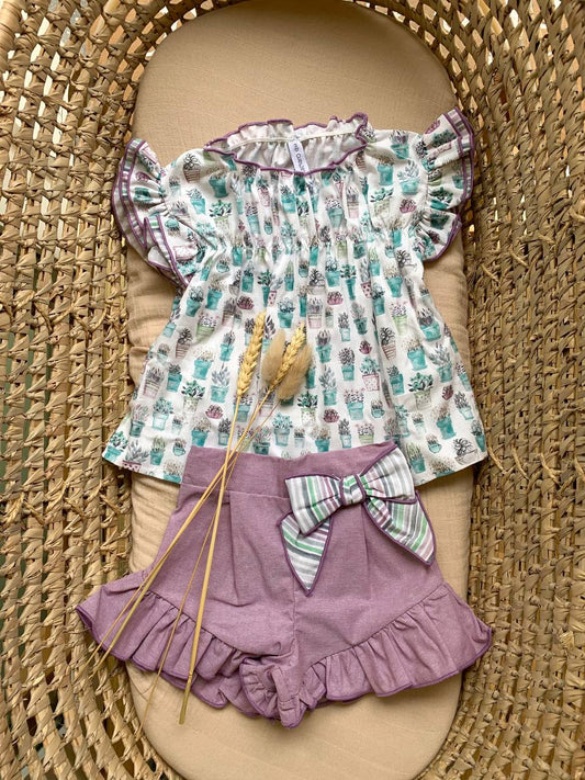 COMPLETO VIOLA CON VASI E FIORI T-SHIRT E SHORTS CALAMARO