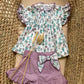COMPLETO VIOLA CON VASI E FIORI T-SHIRT E SHORTS CALAMARO