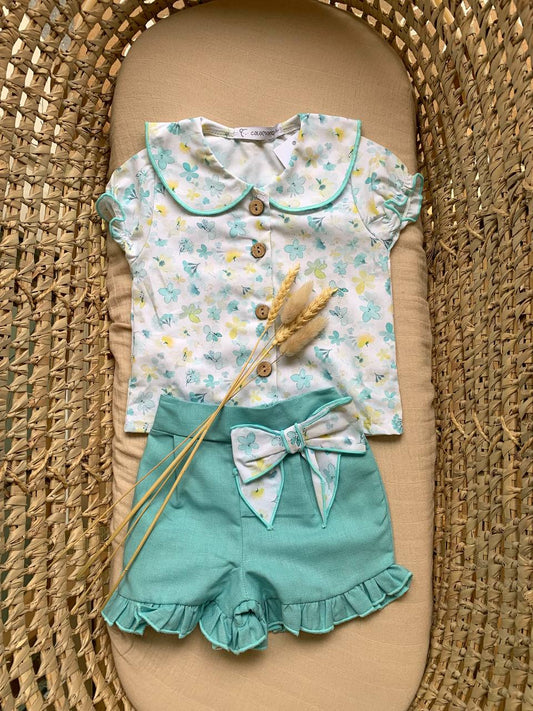 COMPLETO FIORI VERDE ACQUA CAMICIA E SHORTS CALAMARO
