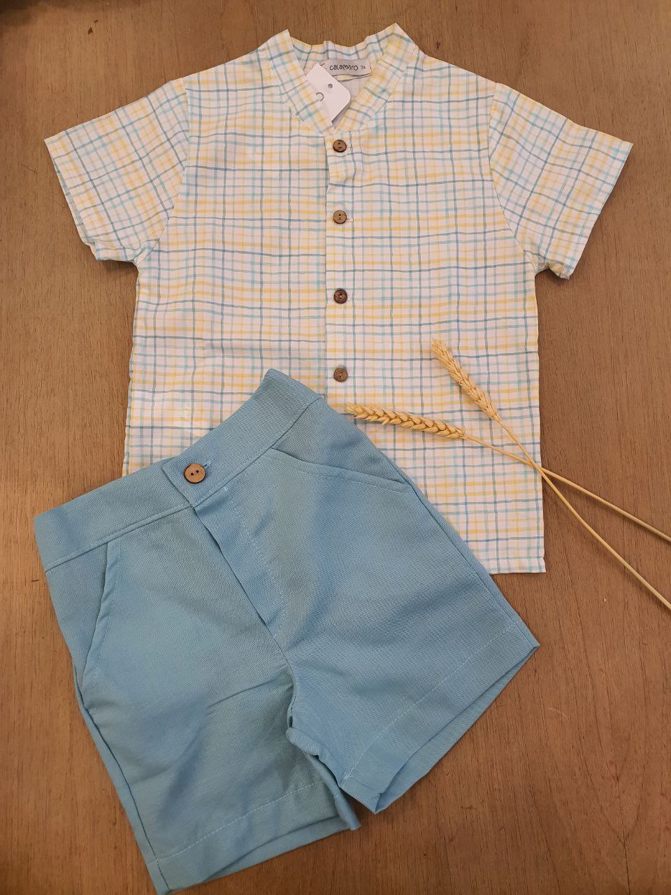 COMPLETO CAMICIA BICOLORE A SCACCHI E SHORTS VERDE CALAMARO