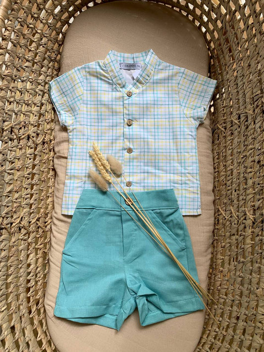 COMPLETO CAMICIA BICOLORE A SCACCHI E SHORTS VERDE CALAMARO