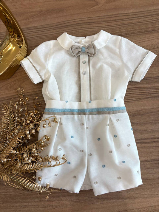 Abito BATTESIMALE POIS CELESTE E BEIGE PONTO POR PONTO