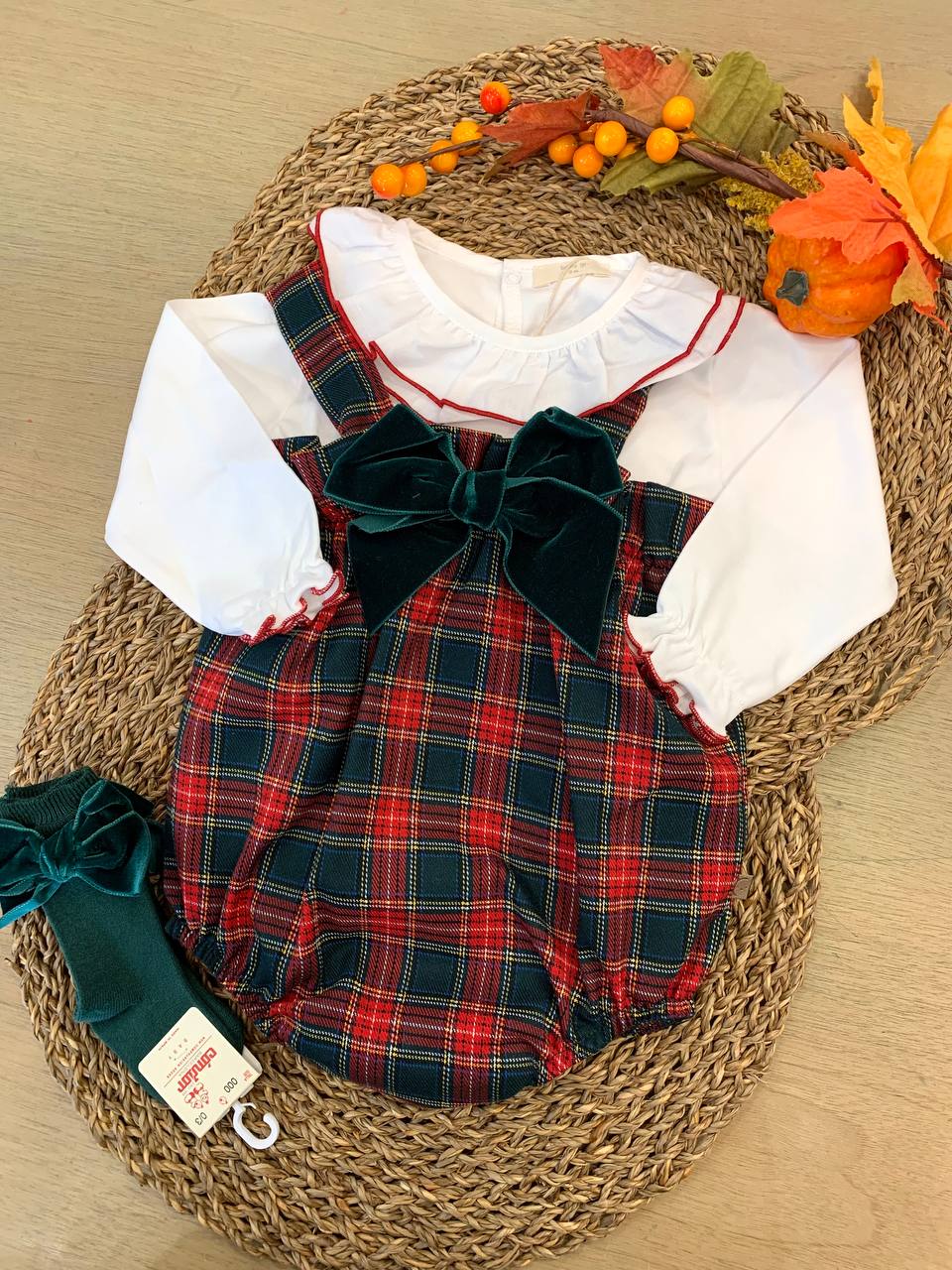 SALOPETTE TARTAN CON FIOCCO IN VELLUTO CALAMARO