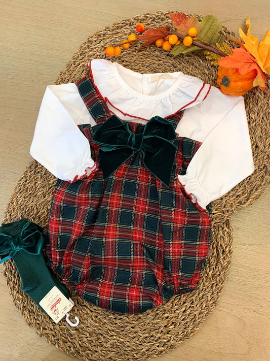 SALOPETTE TARTAN CON FIOCCO IN VELLUTO CALAMARO