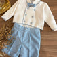 COMPLETO ELEGANTE CON CARDIGAN DOPPIO PETTO BIANCO& AZZURRO BABY A.