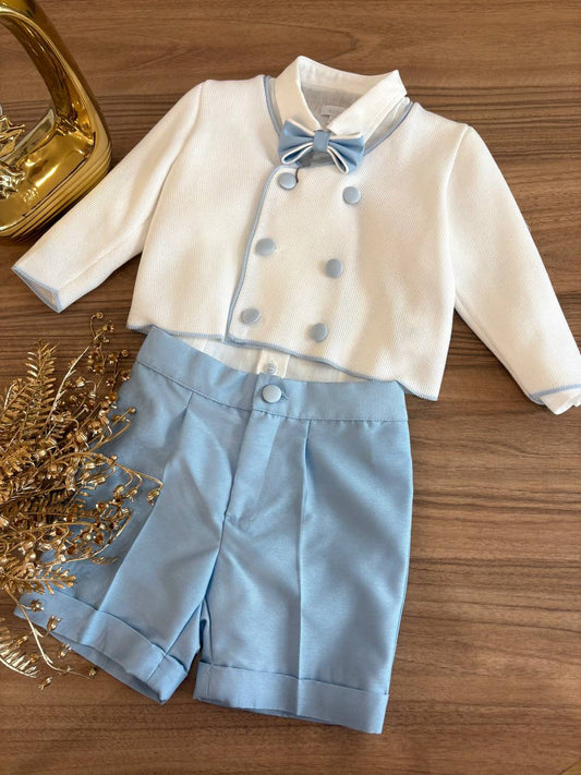 COMPLETO ELEGANTE CON CARDIGAN DOPPIO PETTO BIANCO& AZZURRO BABY A.
