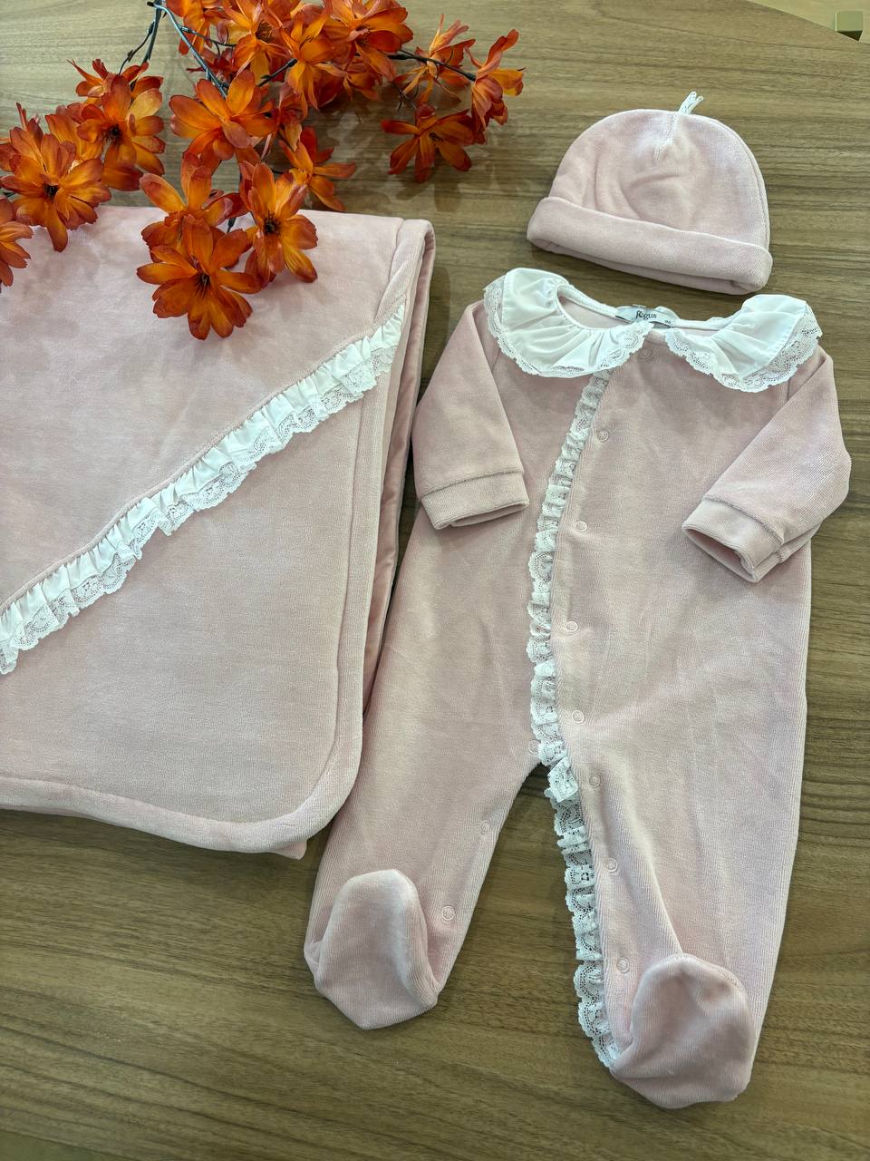 Coordinato NASCITA ROSA CIPRIA CON PIZZO