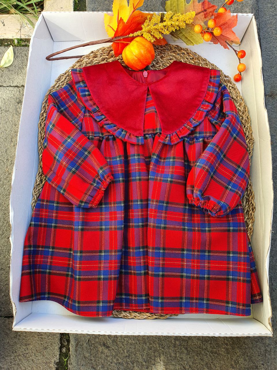ABITO TARTAN CON COLLO IN VELLUTO DEL SUR