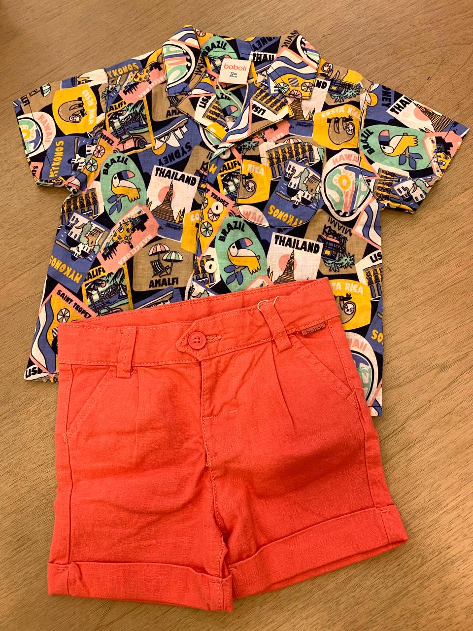 Completo camicia colorata e shorts salmone boboli