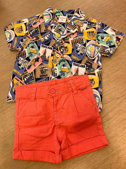 Completo camicia colorata e shorts salmone boboli