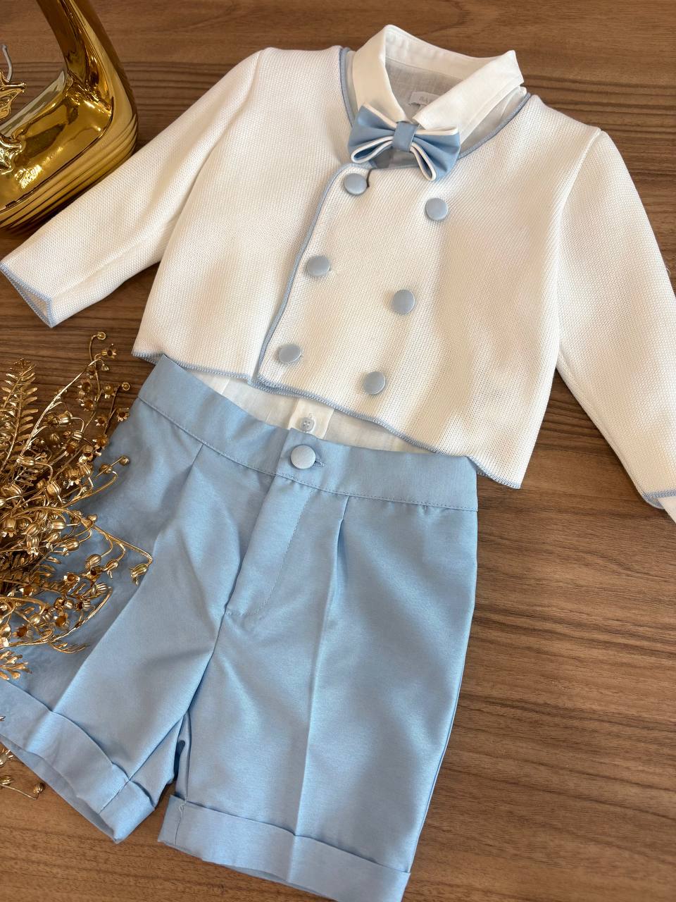 COMPLETO ELEGANTE CON CARDIGAN DOPPIO PETTO BIANCO& AZZURRO BABY A.