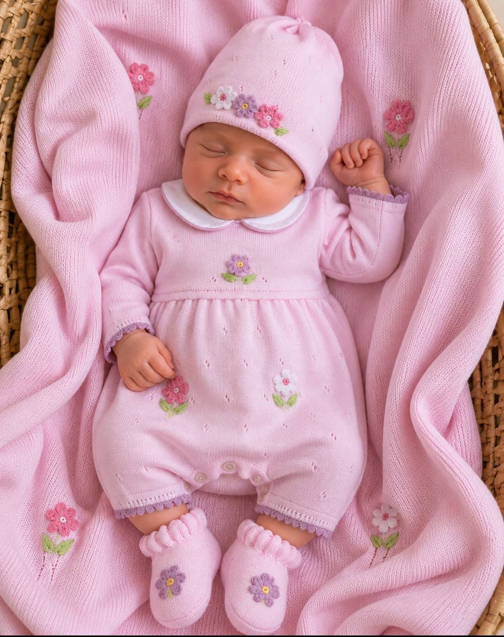 COORDINATO NASCITA ROSA CON FIORI PRIMODI' BEBE'
