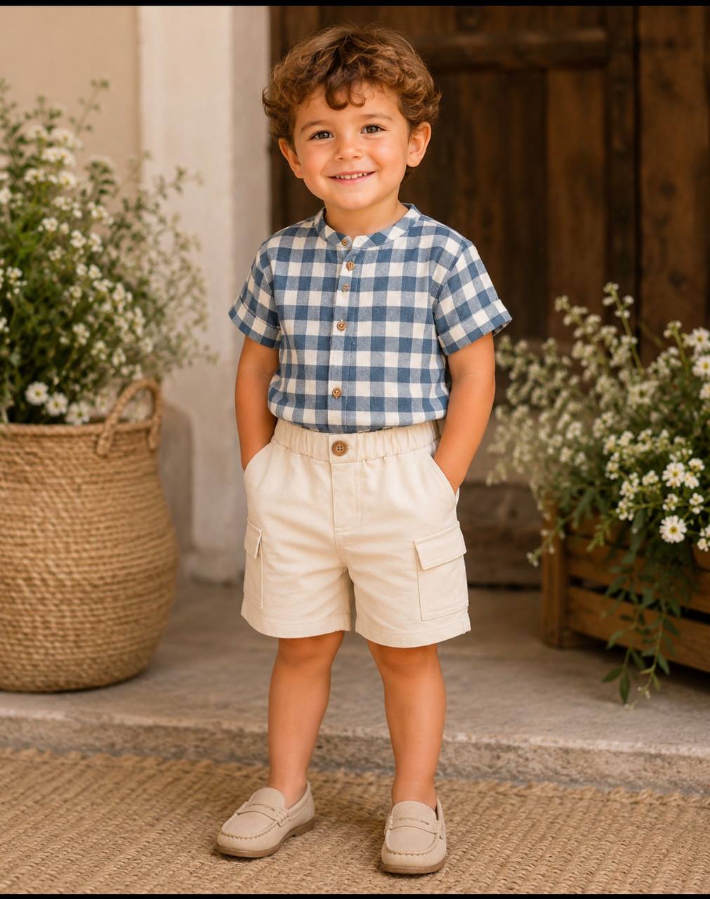 COMPLETO QUADRETTI BEIGE E AZZURRO BARCELLINO