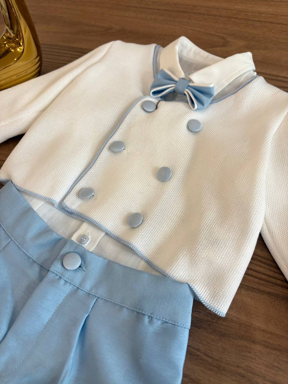 COMPLETO ELEGANTE CON CARDIGAN DOPPIO PETTO BIANCO& AZZURRO BABY A.