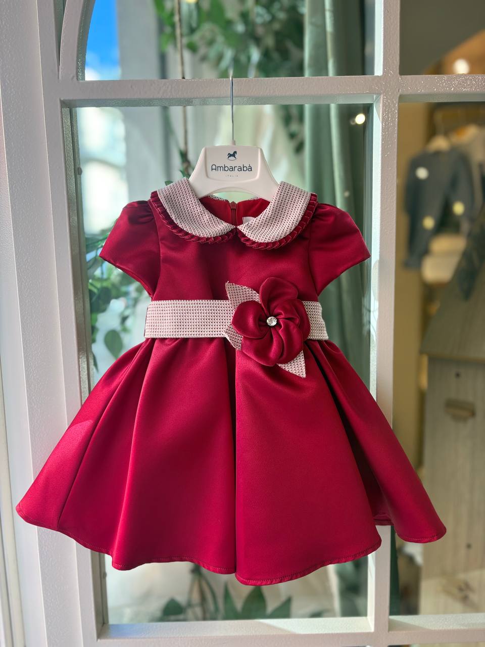 Abito elegante ROSSO CON CINTURA E FIORE AMBARABÀ