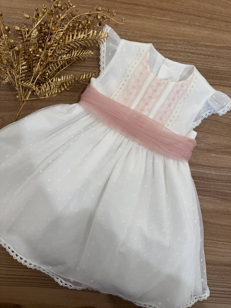 Abito Battesimale BIANCO CON FIORI RICAMATI ROSA CHARO