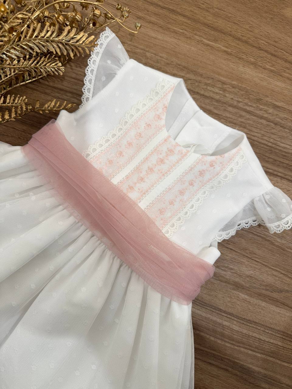 Abito Battesimale BIANCO CON FIORI RICAMATI ROSA CHARO