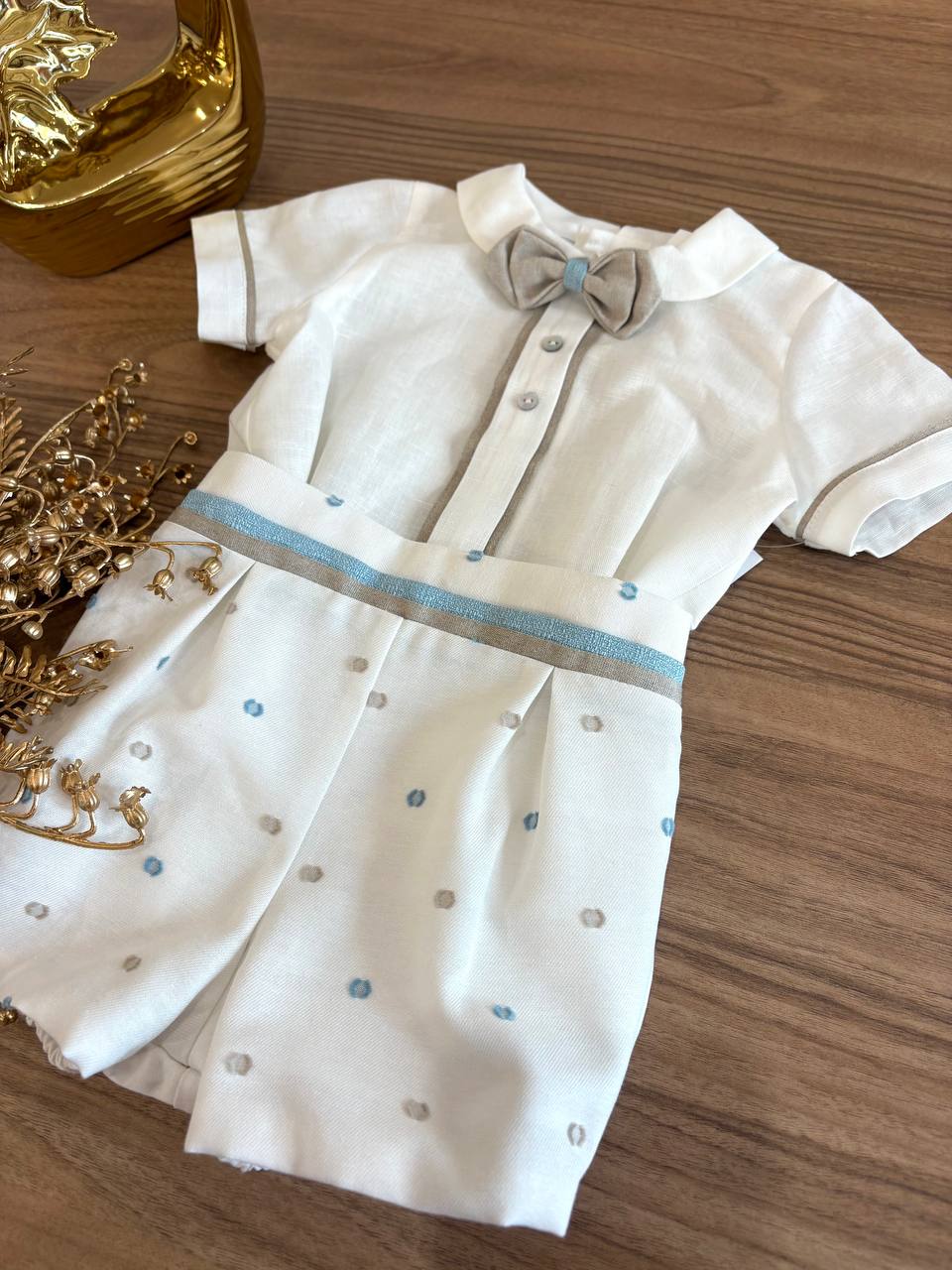 Abito BATTESIMALE POIS CELESTE E BEIGE PONTO POR PONTO