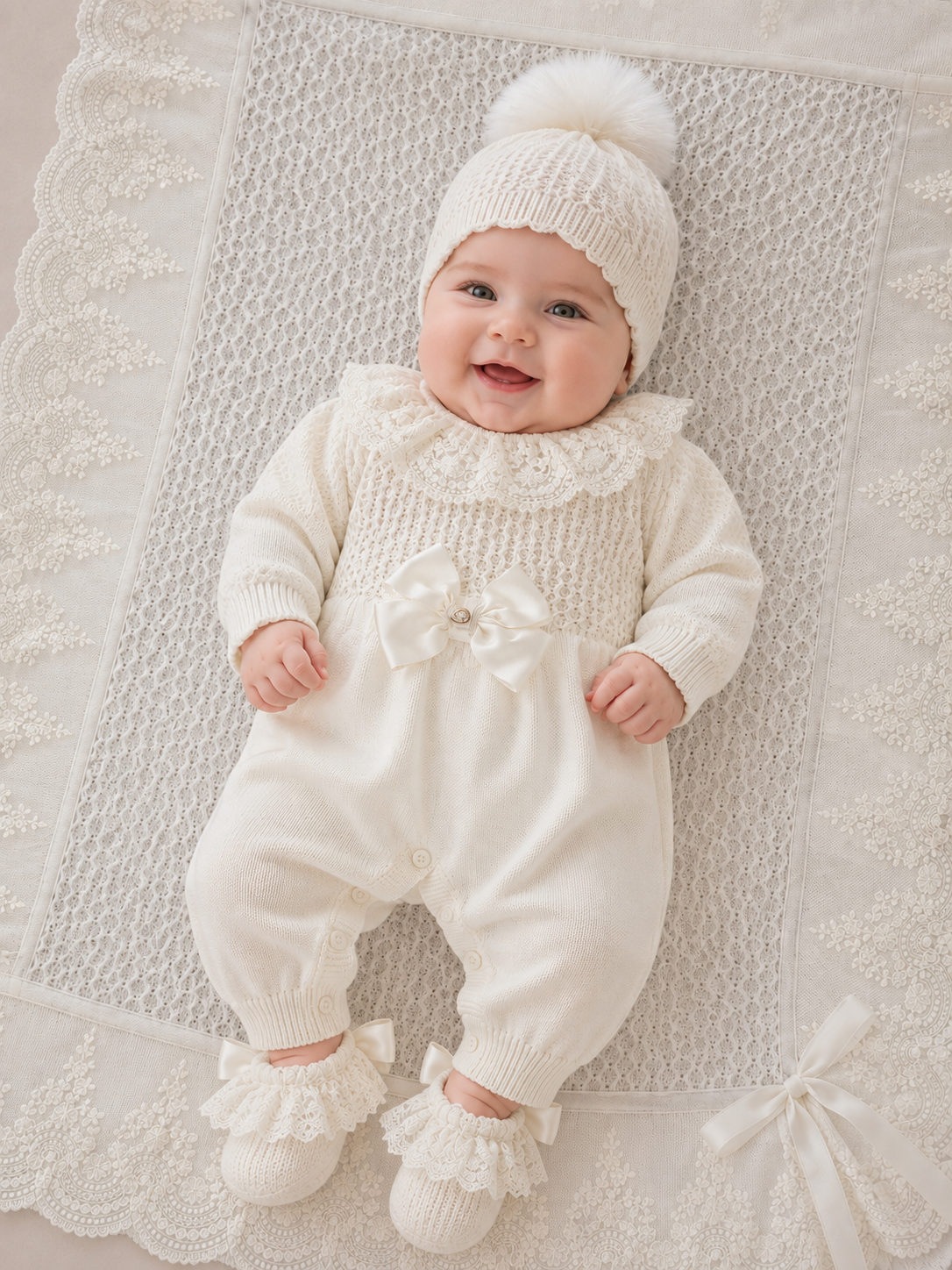 Coordinato PANNA con fiocco e PIZZO MARLÙ