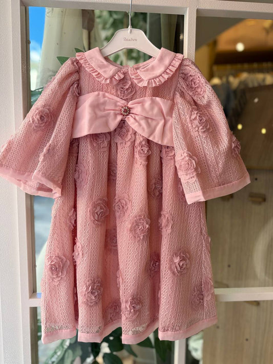 Abito Elegante Rosa Cipria con Fiori e Maxi Fiocco Patachou