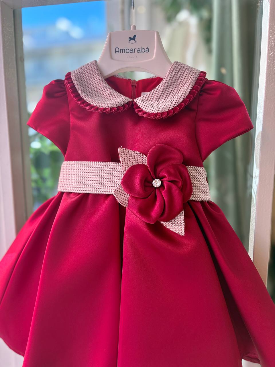 Abito elegante ROSSO CON CINTURA E FIORE AMBARABÀ