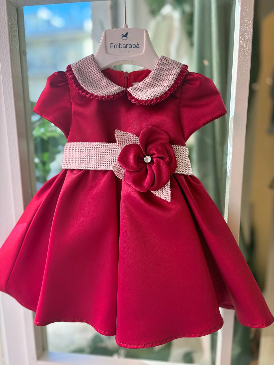 Abito elegante ROSSO CON CINTURA E FIORE AMBARABÀ