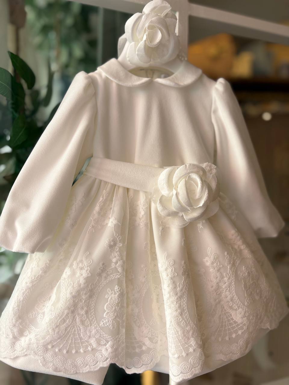 Abito Battesimale PANNA CON PIZZO E ROSE TETO E TATTA