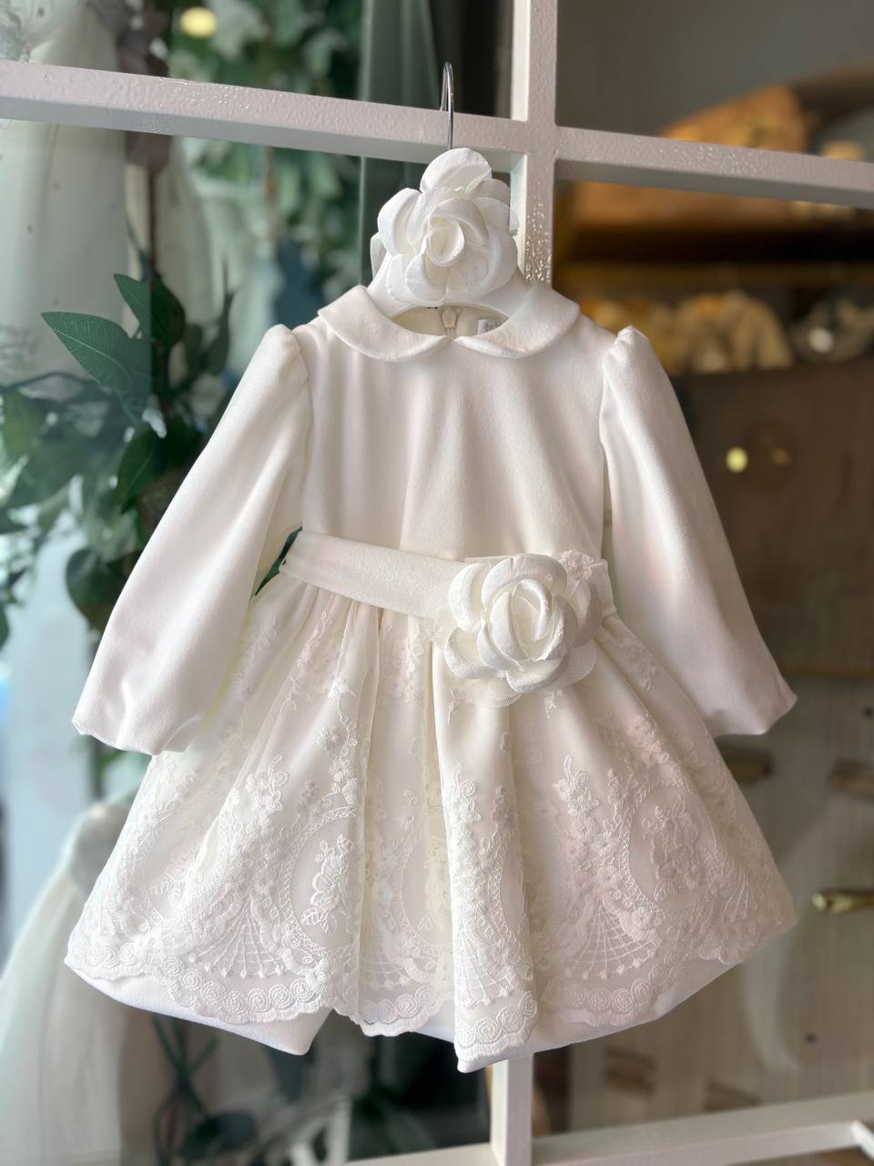Abito Battesimale PANNA CON PIZZO E ROSE TETO E TATTA