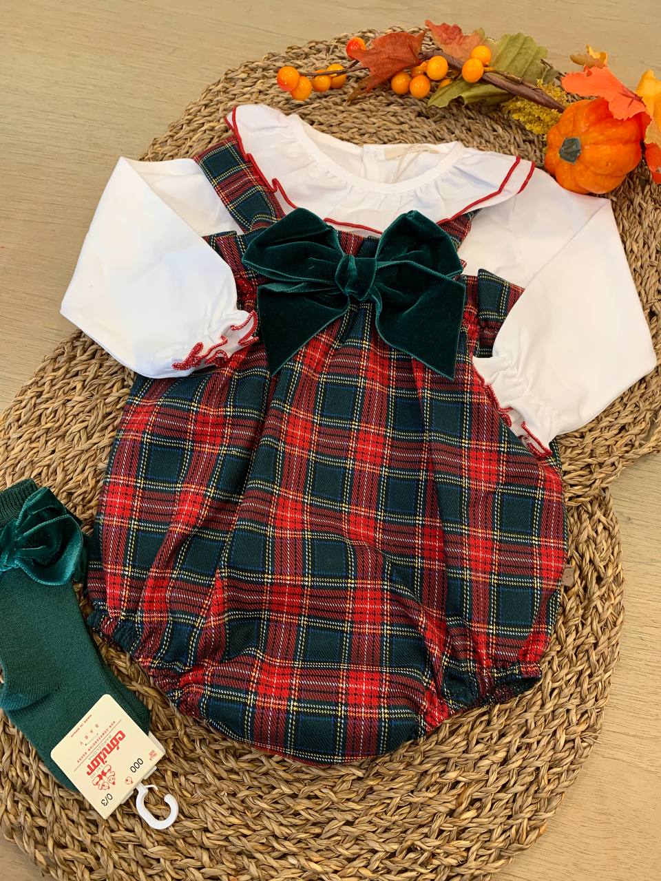 SALOPETTE TARTAN CON FIOCCO IN VELLUTO CALAMARO